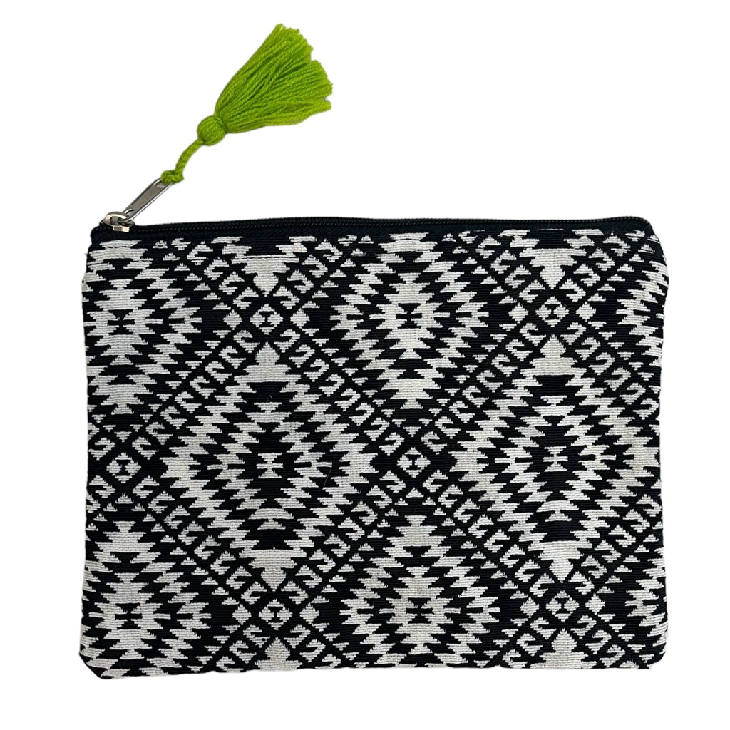 2 Chic Embroidered Black And White Boho Patterned Tassel Pouch / Clutch - 9x7